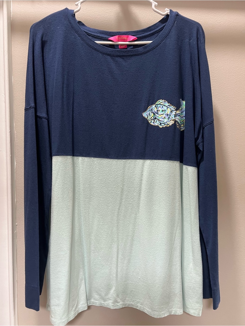 Women’s Two-Tone Navy and Mint Long-Sleeve Top with Fish Motif